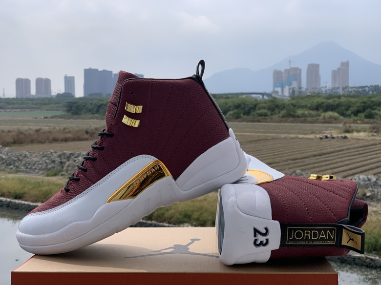 2019 Men Jordan 12 Game Ball Wine Red White Gold Shoes - Click Image to Close